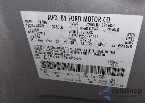 2007 Ford F-150 Fx4/Lariat/Xl/Xlt из США, поврежденный, VIN 1FTPX14537FA60478